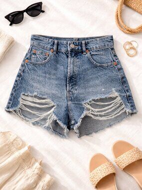 Zara Distressed Denim Shorts NWT XXS 00 High Rise Frayed Cutoff Festival Summer